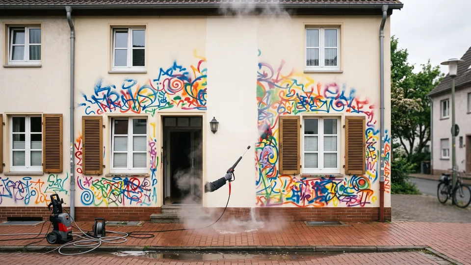 Verputzte Hausfassade mit teilweise entferntem Graffiti