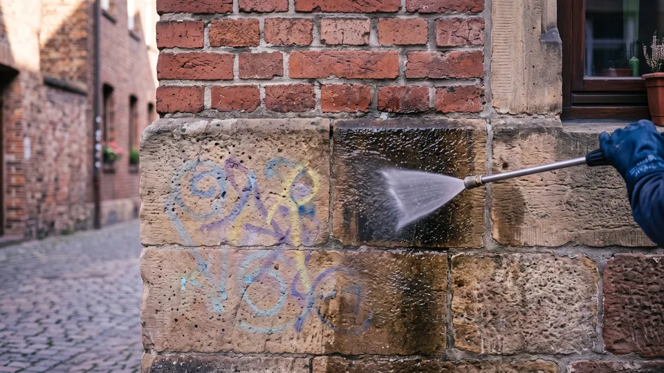 Klinkerfassade mit teilweise entferntem Graffiti während der Reinigung