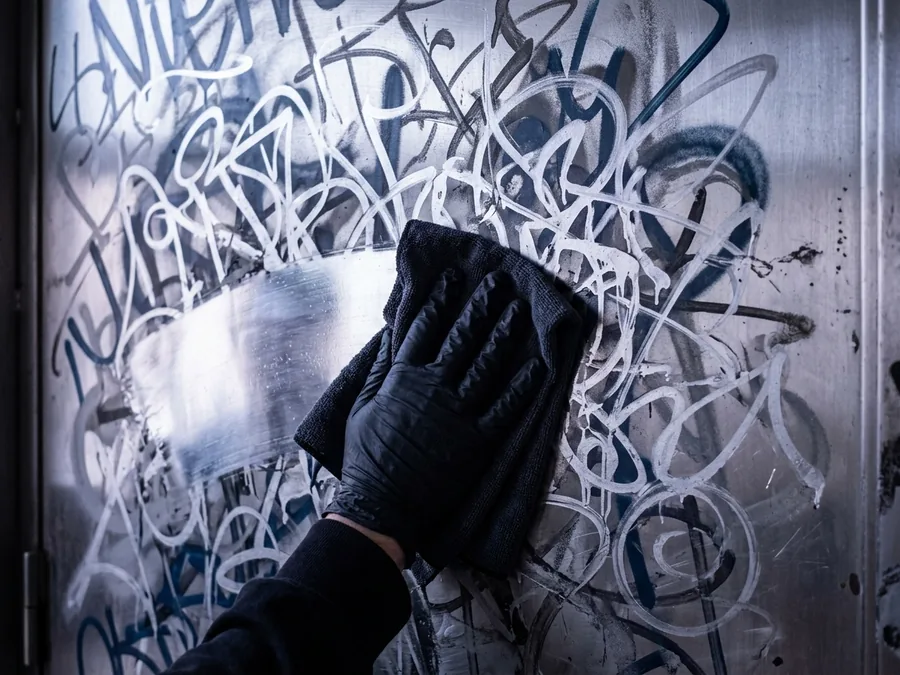 Graffitientfernung auf Metall: Tuch wischt Farbschlieren von einer Tür