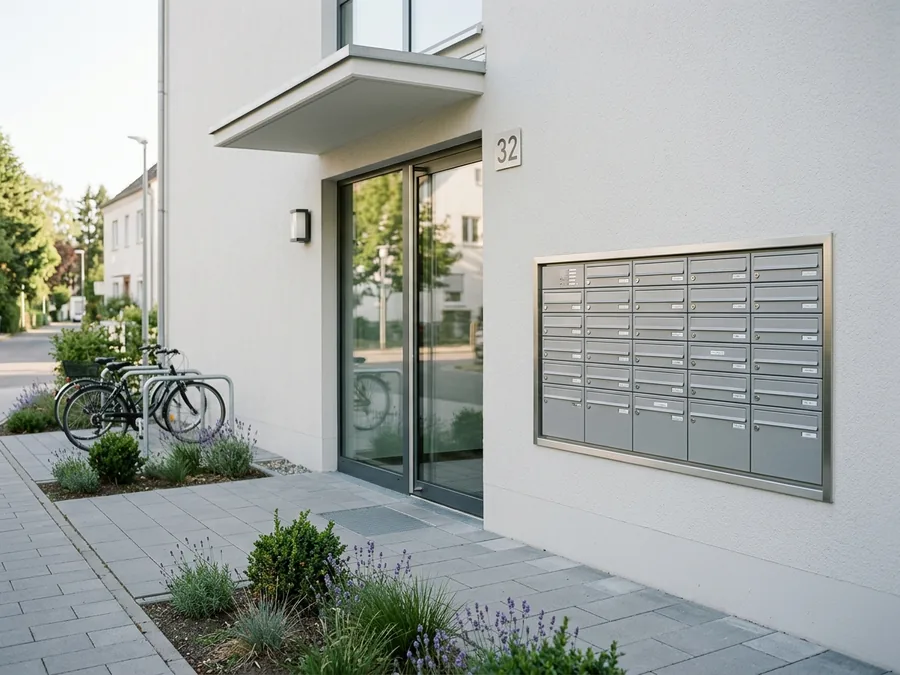 Gepflegte Wohnanlage mit sauberer heller Fassade am Morgen