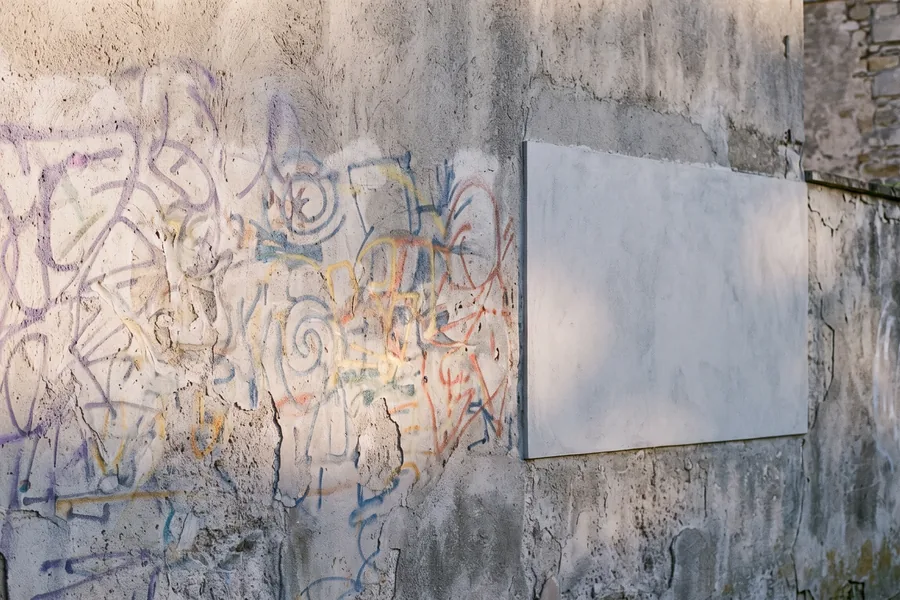 Verblasste Graffiti-Reste neben einer hell überstrichenen Fläche an einer Fassade